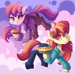 Size: 1600x1576 | Tagged: safe, artist:saxopi, earth pony, pony, badeline, boots, celeste, chest fluff, clothes, cloud, duo, eyebrows, eyebrows visible through hair, eyelashes, food, hoof shoes, jacket, long mane, looking at someone, madeline, pants, pie, ponified, shoes, signature, smiling, strawberry pie, video game crossover