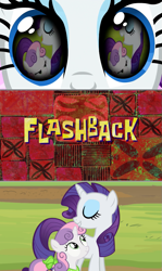 Size: 643x1080 | Tagged: safe, artist:rarityvrymercollectiveoriginals, artist:rarityvrymerzhmusic, editor:rarity vrymer collective, rarity, sweetie belle, pony, unicorn, g4, magical mystery cure, sisterhooves social, a true true friend, belle sisters, eye reflection, eye reflection roulette, flashback, larry's gym, reflection, spongebob squarepants, spongebob time card