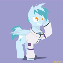 Size: 4096x4096 | Tagged: safe, artist:willoillo, oc, oc only, oc:concorde, pegasus, pony, clothes, female, jacket, no pupils, nonbinary, offspring, parent:soarin', parent:spitfire, parents:soarinfire, pegasus oc, purple background, salute, simple background, solo, spacesuit, wings