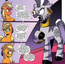 Size: 994x980 | Tagged: safe, artist:andypriceart, edit, editor:wild stallions, idw, applejack, zecora, earth pony, pony, zebra, g4, season 10, spoiler:comic, spoiler:comic89, angry, ashamed, female, furious, implied pear butter, mare, mood swing, ooc is serious business, raised hoof, rhyming, shit just got real, sin of wrath, text edit, when she doesn't rhyme, zecora is not amused