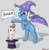 Size: 1475x1516 | Tagged: safe, artist:heretichesh, pound cake, trixie, pegasus, pony, unicorn, g4, :t, bipedal, cape, clothes, colt, dialogue, duo, female, foal, hat, magic, magic aura, magic trick, male, mare, text, top hat, trixie's cape, trixie's hat