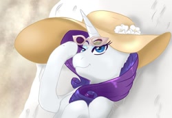 Size: 1024x704 | Tagged: safe, artist:miyathegoldenflower, rarity, pony, unicorn, g4, female, hat, solo, sun hat, sunglasses