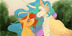 Size: 1360x685 | Tagged: safe, artist:yesterdaysrunaway, princess celestia, sunburst, alicorn, pony, unicorn, g4, blushing, celestiburst, cheek feathers, curved horn, female, floppy ears, height difference, horn, looking at each other, male, mare, shipping, stallion, story in the source, straight