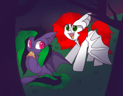 Size: 2418x1888 | Tagged: safe, artist:reonletaviio, oc, oc only, bat pony, pony, cute, eating, fangs, fluffy, fog, food, grass, herbivore, it's a trap, male, mango, night, smiling, stallion, stars, tree, wings