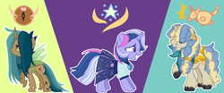 Size: 6000x2506 | Tagged: safe, artist:tersisa, oc, oc only, changepony, hybrid, pony, unicorn, clothes, female, high res, magical gay spawn, magical lesbian spawn, male, mare, offspring, parent:daring do, parent:party favor, parent:prince rutherford, parent:queen chrysalis, parent:starlight glimmer, parent:trixie, parents:startrix