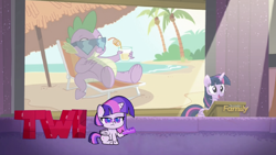 Size: 1920x1080 | Tagged: safe, edit, edited screencap, screencap, spike, twilight sparkle, alicorn, pony, g4, g4.5, my little pony: pony life, the cutie re-mark, zound off, beach, crazy straw, discovery family logo, female, like a boss, mare, simple background, ted talk, transparent background, twi talk, twilight sparkle (alicorn), twilight sparkle's slide, vacation
