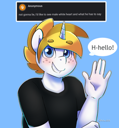 Size: 3000x3200 | Tagged: safe, artist:talimingi, oc, oc only, oc:white heart, unicorn, anthro, ask white heart, blushing, cute, dialogue, hand, high res, male, r63 oc, solo, stallion, wave