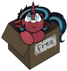 Size: 541x577 | Tagged: safe, alternate character, alternate version, artist:rokosmith26, part of a set, oc, oc only, oc:echo, bat pony, bat pony unicorn, hybrid, pony, unicorn, blind, box, chibi, colored, cute, eye clipping through hair, female, filly, floppy ears, freckles, horn, looking at you, puppy dog eyes, roko's box ponies, simple background, solo, tail, teeth, text, tooth, transparent, transparent background