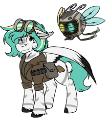 Size: 994x1123 | Tagged: safe, artist:rokosmith26, oc, oc only, oc:rokosmith, pegasus, pony, robot, fallout equestria, bag, clothes, colored wings, ear fluff, female, floppy ears, goggles, gun, heterochromia, hoof fluff, looking up, mare, markings, messy mane, multicolored wings, short hair, short mane, shotgun, simple background, solo, spread wings, spritebot, standing, stripes, transparent background, tribal markings, weapon, wings