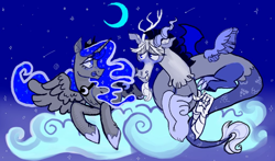 Size: 720x424 | Tagged: artist needed, safe, discord, princess luna, alicorn, draconequus, pony, g4, blushing, cloud, cute, discute, duo, female, lunabetes, male, night, ship:lunacord, shipping, straight