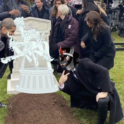 Size: 1530x1536 | Tagged: safe, cozy glow, king sombra, lord tirek, queen chrysalis, human, g4, the ending of the end, grave, irl, irl human, legion of doom statue, meme, photo