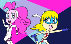 Size: 1283x790 | Tagged: safe, artist:logan jones, fili-second, pinkie pie, equestria girls, g4, anime, crossover, fast, female, femboy, male, power ponies, running, skintight clothes, spongebob squarepants, superhero, the quickster