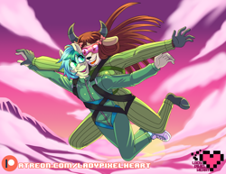 Size: 4400x3400 | Tagged: safe, artist:ladypixelheart, sandbar, yona, anthro, g4, clothes, commission, falling, female, goggles, harness, jumpsuit, male, parachute, patreon, patreon logo, ship:yonabar, shipping, sky, skydiving, straight, tack
