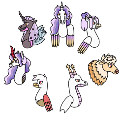 Size: 2480x2304 | Tagged: safe, artist:kindheart525, oc, oc only, oc:aphid, oc:ardor, oc:augustus, oc:gaia, oc:gideon, oc:laurel, oc:periwinkle, alicorn, changeling, dragon, griffon, hippogriff, kirin, pony, yak, auraverse, alicorn oc, high res, horn, purple changeling, simple background, transparent background, wings