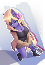 Size: 2477x3543 | Tagged: safe, artist:mintjuice, oc, oc only, oc:ruby shears, anthro, plantigrade anthro, action pose, anthro oc, breasts, busty oc, cleavage, clothes, commission, eye clipping through hair, female, gun, handgun, high res, looking at each other, mare, pistol, solo, weapon, ych result