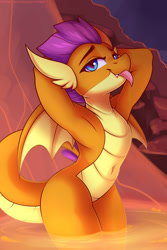 Size: 1000x1500 | Tagged: safe, artist:shadowreindeer, smolder, dragon, g4, adorasexy, arm behind head, armpits, belly button, cute, dragoness, female, lava, sexy, solo, sultry pose, thighs, tongue out