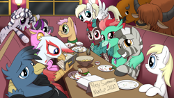 Size: 1920x1080 | Tagged: safe, artist:anonymous, fern flare, oc, oc:aryanne, oc:luftkrieg, oc:zala, bison, changedling, changeling, earth pony, griffon, hippogriff, kirin, pegasus, pony, yak, zebra, art pack:marenheit 451, g4, /mlp/, book, burger, female, food, male, mare, meeting, parody, ponified, pony supremacy, stallion, unnamed character, unnamed yak