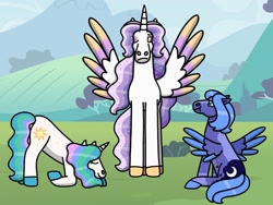 Size: 1280x960 | Tagged: safe, artist:kindheart525, princess celestia, princess luna, oc, oc:gaia, alicorn, pegasus, pony, unicorn, auraverse, g4, alicorn oc, female, horn, mother and child, mother and daughter, pegasus luna, race swap, story included, trio, unicorn celestia, wings, young celestia, young luna