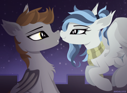 Size: 1632x1192 | Tagged: safe, artist:andaluce, oc, oc only, oc:devin, oc:haze northfleet, bat pony, pegasus, pony, boop, clothes, cute, female, flying, looking at each other, male, night, night sky, oc x oc, scarf, shipping, sky, straight