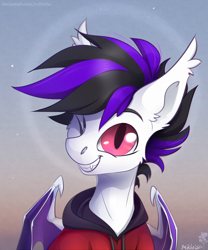 Size: 2500x3000 | Tagged: safe, artist:mithriss, oc, oc only, bat pony, pony, bat pony oc, bat wings, clothes, cute, cute little fangs, fangs, high res, hoodie, male, one eye closed, solo, wings, wink