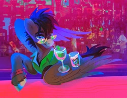 Size: 2048x1592 | Tagged: safe, artist:dearmary, oc, oc only, oc:bumper, pegasus, pony, alcohol, bar, cocktail, drink, glass, male, solo, stallion