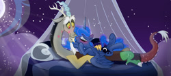 Size: 1992x886 | Tagged: safe, artist:elementalokami, discord, princess luna, alicorn, draconequus, pony, g4, bedroom eyes, blushing, female, kiss mark, lipstick, luna's room, male, moon, night, ship:lunacord, shipping, straight