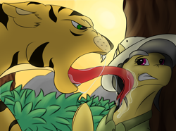 Size: 3500x2600 | Tagged: safe, artist:diskrt, daring do, big cat, pegasus, pony, tiger, g4, against tree, clothes, disgusted, drool, drool string, eye contact, face licking, fangs, female, forest, forked tongue, frown, gritted teeth, hat, high res, licking, long tongue, looking at each other, mare, pith helmet, request, salivating, tongue out, tree