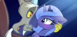 Size: 742x359 | Tagged: safe, artist:elementalokami, discord, princess luna, alicorn, pony, g4, blushing, female, looking at each other, male, s1 luna, ship:lunacord, shipping, straight