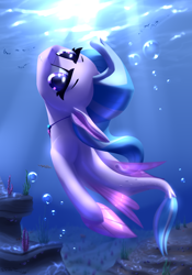 Size: 2100x3000 | Tagged: safe, artist:shido-tara, silverstream, fish, seapony (g4), accessories, bubble, clothes, coral, crepuscular rays, cute, daaaaaaaaaaaw, diastreamies, eyelashes, female, fin wings, fins, fish tail, flowing mane, flowing tail, jewelry, looking at you, looking up, necklace, purple eyes, seapony silverstream, see-through, smiling, smiling at you, solo, sunlight, swimming, tail, underwater, water, wings