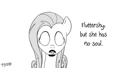 Size: 1200x675 | Tagged: safe, artist:pony-berserker, fluttershy, pegasus, pony, pony-berserker's twitter sketches, g4, 2020, blank expression, blank eyes, caption, drool, empty husk, english, female, grayscale, looking at you, monochrome, open mouth, simple background, solo, soulless, text, white background, wide eyes