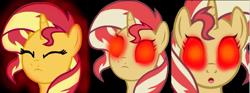 Size: 1849x685 | Tagged: safe, artist:mellow91, edit, edited screencap, screencap, sunset shimmer, pony, unicorn, g4, black background, eyes closed, female, glowing eyes, open mouth, possessed, possession, profile, red eyes, simple background, solo