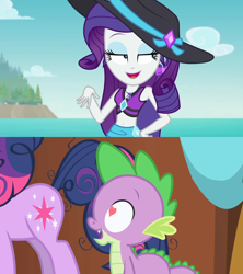 Size: 1280x1440 | Tagged: safe, edit, edited screencap, screencap, rarity, spike, twilight sparkle, dragon, equestria girls, friendship is magic, g4, lost and found, my little pony equestria girls: better together, beach, belly button, bikini, clothes, comparison, ear piercing, earring, female, geode of shielding, hat, heart eyes, jewelry, magical geodes, male, offscreen character, piercing, sarong, ship:sparity, shipping, shipping domino, straight, sun hat, swimsuit, wingding eyes