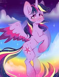 Size: 2000x2600 | Tagged: safe, artist:zefirka, twilight sparkle, alicorn, pony, g4, cheek fluff, chest fluff, cloud, colored wings, cute, ear fluff, female, flying, high res, leg fluff, multicolored wings, rainbow power, sky, solo, twiabetes, twilight sparkle (alicorn), wings