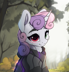 Size: 2299x2403 | Tagged: safe, artist:hitbass, sweetie belle, cyborg, pony, robot, robot pony, unicorn, g4, cheek fluff, chest fluff, cute, cyberpunk, diasweetes, female, filly, heterochromia, high res, looking at you, solo, sweetie bot, tree