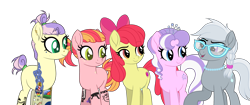 Size: 3500x1466 | Tagged: safe, artist:angelina-pax, artist:dianamur, apple bloom, diamond tiara, silver spoon, oc, oc:apple punch, oc:pristine pearl, earth pony, pony, icey-verse, g4, alternate hairstyle, apple bloom's bow, base used, blank flank, bow, commission, ear piercing, earring, eyebrow piercing, eyeshadow, family, female, glasses, hair bow, jewelry, lesbian, magical lesbian spawn, makeup, mare, mother and child, mother and daughter, necklace, nonbinary, nose piercing, nose ring, offspring, older, older apple bloom, older diamond tiara, older silver spoon, open mouth, parent:apple bloom, parent:diamond tiara, parents:diamondbloom, piercing, polyamory, raised hoof, scar, ship:applespoon, ship:diamondbloom, ship:silvertiara, shipping, siblings, silverdiamondbloom, simple background, sisters, tattoo, tiara, transparent background, twins, wall of tags, ych result