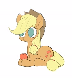 Size: 1904x2048 | Tagged: safe, artist:noupu, applejack, earth pony, pony, g4, apple, cute, female, food, jackabetes, mare, no catchlights, no pupils, prone, simple background, solo, white background