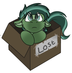 Size: 572x581 | Tagged: safe, alternate character, alternate version, artist:rokosmith26, part of a set, oc, oc only, oc:clover march, pegasus, pony, box, cheek fluff, chibi, colored, cute, eye clipping through hair, floppy ears, green eyes, looking at you, male, puppy dog eyes, roko's box ponies, short hair, short mane, simple background, solo, stallion, tail, text, transparent background