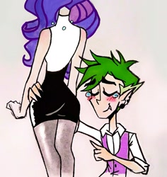 Size: 1756x1864 | Tagged: safe, artist:citi, rarity, spike, human, g4, ass, blushing, butt, crying, female, human spike, humanized, male, pointing, rearity, ship:sparity, shipping, straight, tears of joy