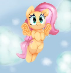 Size: 1800x1850 | Tagged: safe, artist:azzybb, fluttershy, pegasus, pony, g4, cloud, female, flying, hooves to the chest, looking at you, mare, sky, smiling, solo, spread wings, three quarter view, wings