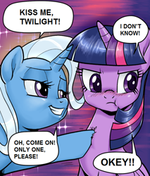 Size: 524x614 | Tagged: safe, artist:pencils, edit, trixie, twilight sparkle, g4, blushing, female, hoof on chest, implied kissing, lesbian, puffy cheeks, ship:twixie, shipping, shit eating grin