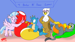 Size: 3840x2160 | Tagged: safe, artist:rupert, gabby, gallus, gilda, silverstream, classical hippogriff, griffon, hippogriff, g4, asymmetrical eyes, balloon, balloon fetish, balloon fun, balloon riding, behaving like a cat, belly, belly button, bipedal, birb, blowing, blowing up balloons, breathing, eyes closed, female, fetish, high res, hug, male, mismatched eyes, party balloon, smiling, squishy, that griffon sure does love balloons