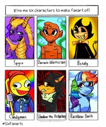 Size: 1080x1283 | Tagged: safe, artist:maggotmoss, rainbow dash, dragon, hedgehog, pegasus, pony, anthro, g4, :d, anthro with ponies, bendy, bendy and the ink machine, bowtie, bust, candyman, cane, crossed arms, crossover, darwin watterson, derp, female, grin, hat, male, mare, pac-man eyes, shadow the hedgehog, six fanarts, smiling, sonic the hedgehog, sonic the hedgehog (series), the amazing world of gumball