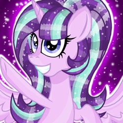 Size: 800x800 | Tagged: safe, artist:php185, edit, starlight glimmer, alicorn, pony, g4, alicornified, ethereal mane, gritted teeth, looking at you, race swap, smiling, spell, starlicorn, waving