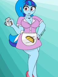 Size: 1932x2576 | Tagged: safe, artist:c_w, sonata dusk, equestria girls, g4, apron, breasts, busty sonata dusk, cleavage, clothes, ear piercing, earring, eyelashes, eyeshadow, food, hand on hip, jewelry, legs, looking at you, makeup, nail polish, pendant, piercing, plump, smiling, sonataco, taco, waitress
