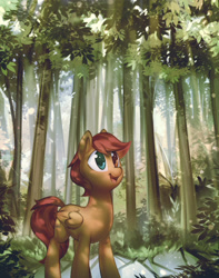 Size: 2111x2682 | Tagged: safe, artist:mirroredsea, oc, oc only, pony, commission, forest, heterochromia, high res, scenery, smiling, solo, tree