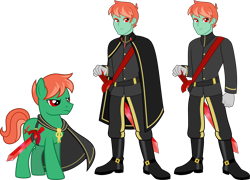Size: 6239x4500 | Tagged: safe, artist:limedazzle, oc, oc only, oc:ruby sword, pony, equestria girls, g4, bio in description, cape, cloak, clothes, cutie mark, glare, looking at you, military, military uniform, reference sheet, show accurate, simple background, stern, sword, transparent background, weapon