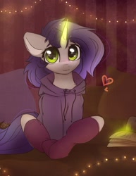 Size: 1324x1713 | Tagged: safe, artist:radioaxi, oc, oc only, oc:moonsonat, pony, unicorn, :3, book, clothes, female, gift art, glowing horn, heart, hoodie, horn, looking at you, magic, mare, pillow, sitting, smiling, socks, solo, string lights