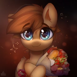 Size: 1594x1600 | Tagged: safe, artist:radioaxi, oc, oc only, pony, abstract background, bouquet, bust, eye clipping through hair, flower, gift art, looking at you, portrait, smiling, solo