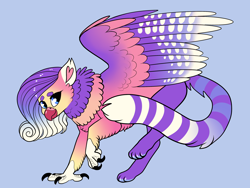 Size: 2800x2100 | Tagged: safe, artist:loryska, oc, oc only, hippogriff, hybrid, blue background, high res, interspecies offspring, magical lesbian spawn, offspring, parent:gilda, parent:princess cadance, simple background, solo
