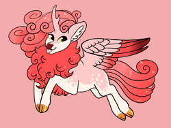 Size: 2800x2100 | Tagged: safe, artist:loryska, oc, oc only, hybrid, cloven hooves, high res, interspecies offspring, kirin hybrid, magical lesbian spawn, offspring, parent:autumn blaze, parent:princess cadance, simple background, solo, tongue out, two toned wings, wings